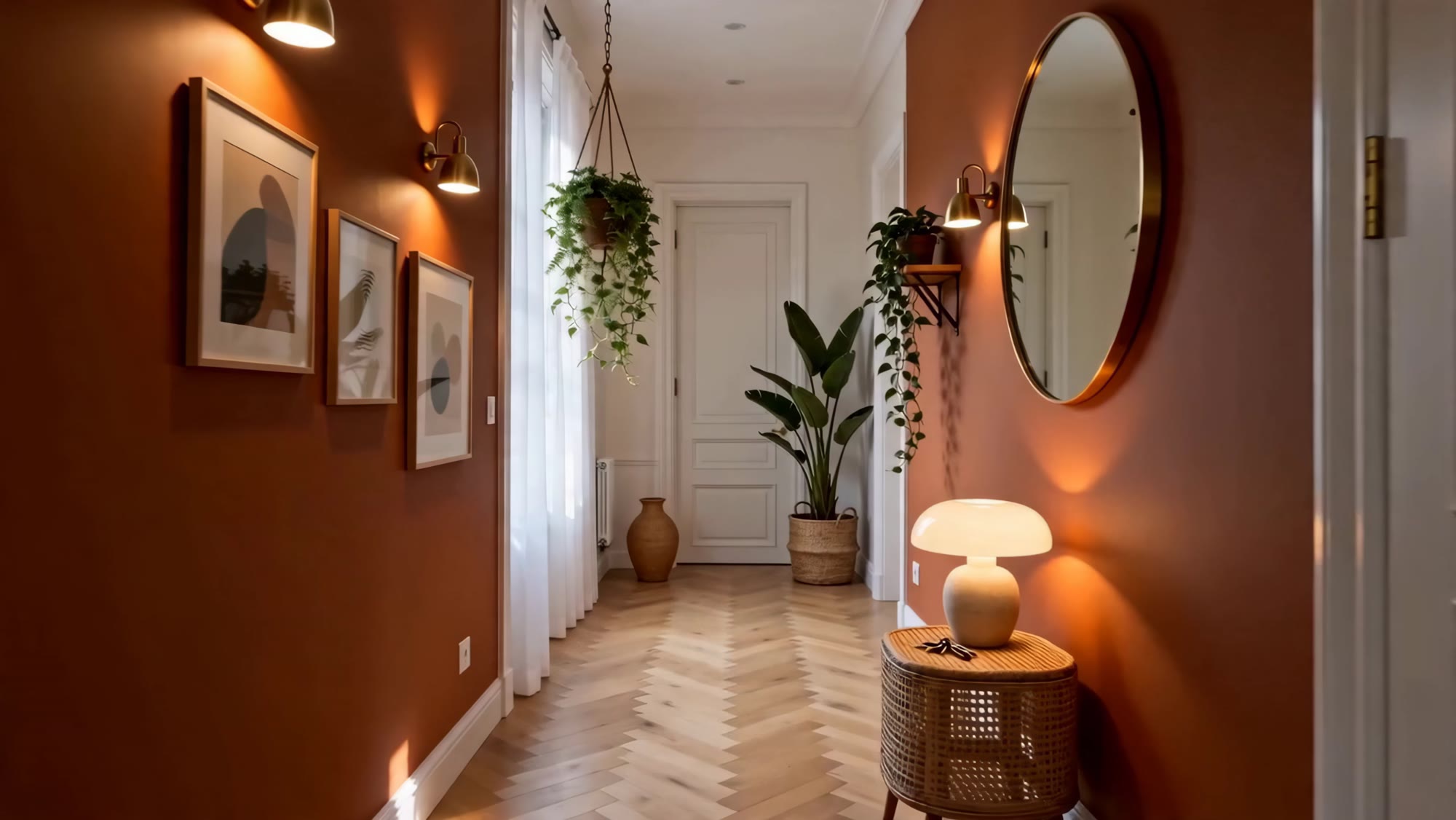 Couloir terracotta avec lampes et plantes de l'appartement géré par KDM