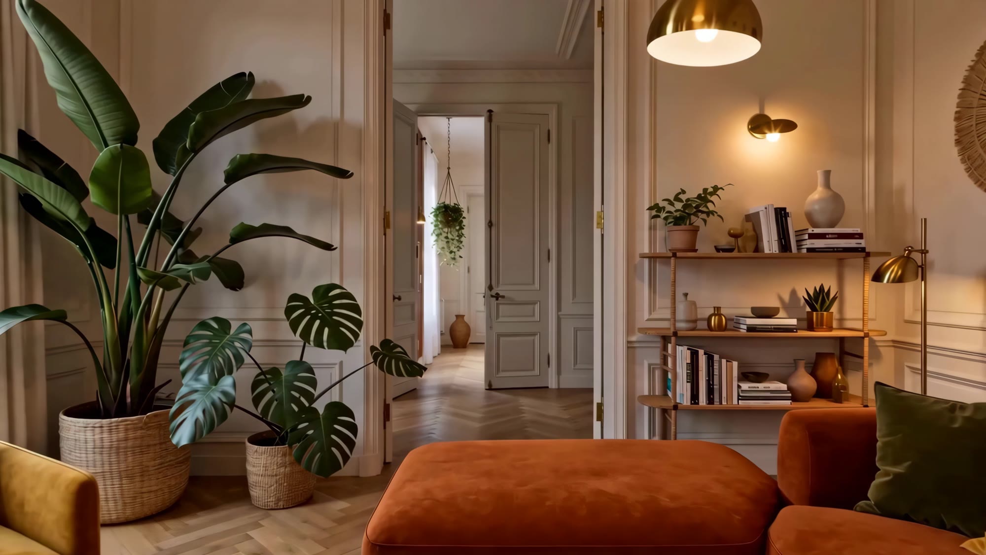 Double porte et affiches vintage dans l'appartement témoin KDM